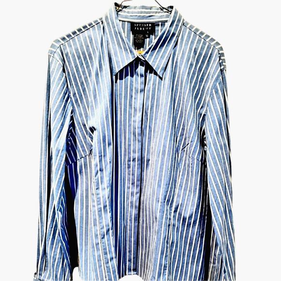 Spencer Jeremy Women's XL blue stripes blouse wear w slacks, skirt Jeans, heels - Picture 1 of 5